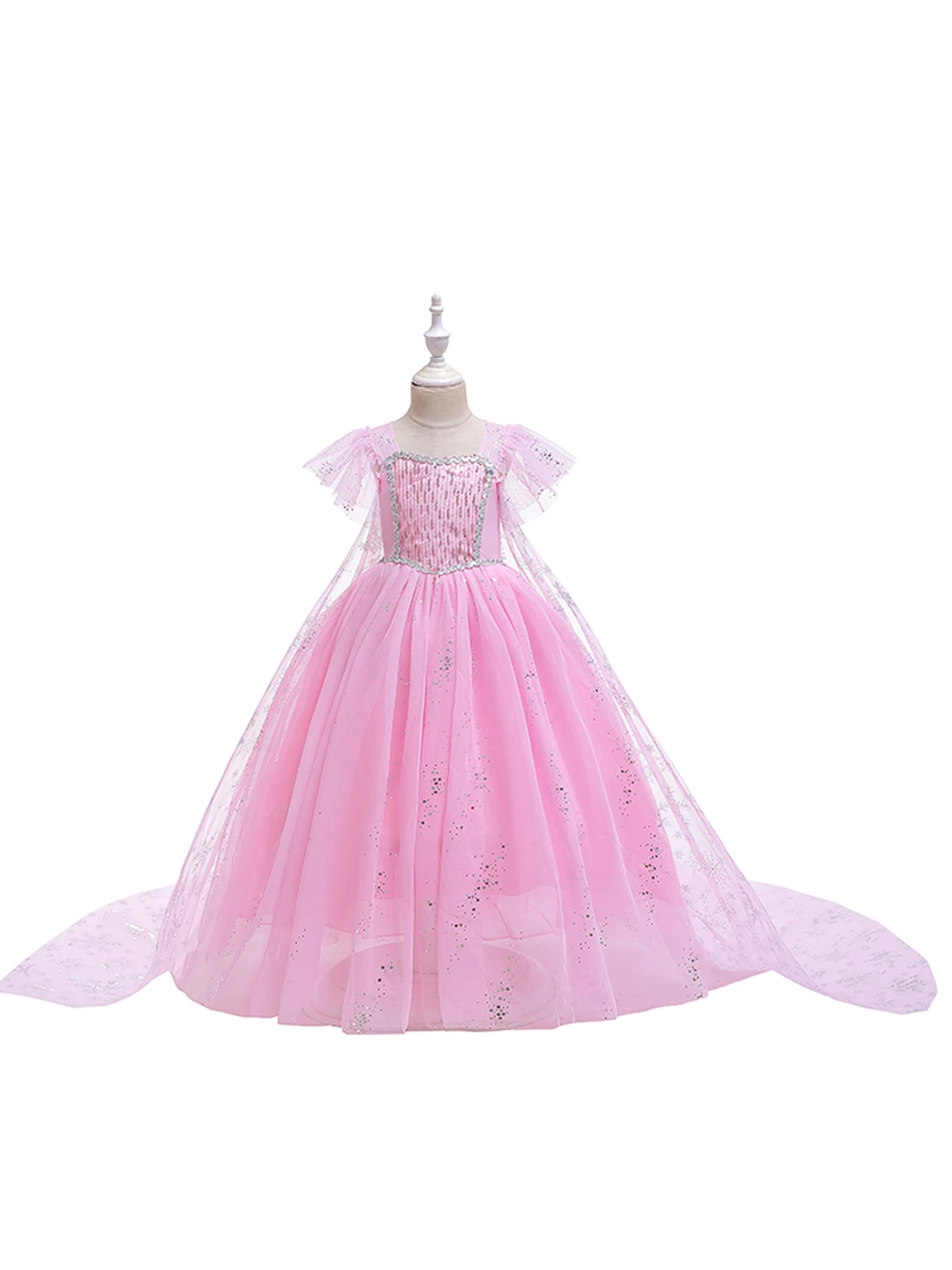 

Girls pink sequined mesh princess dress, mesh short sleeves, with cape, suitable for party, dance, performance, carnival dress
