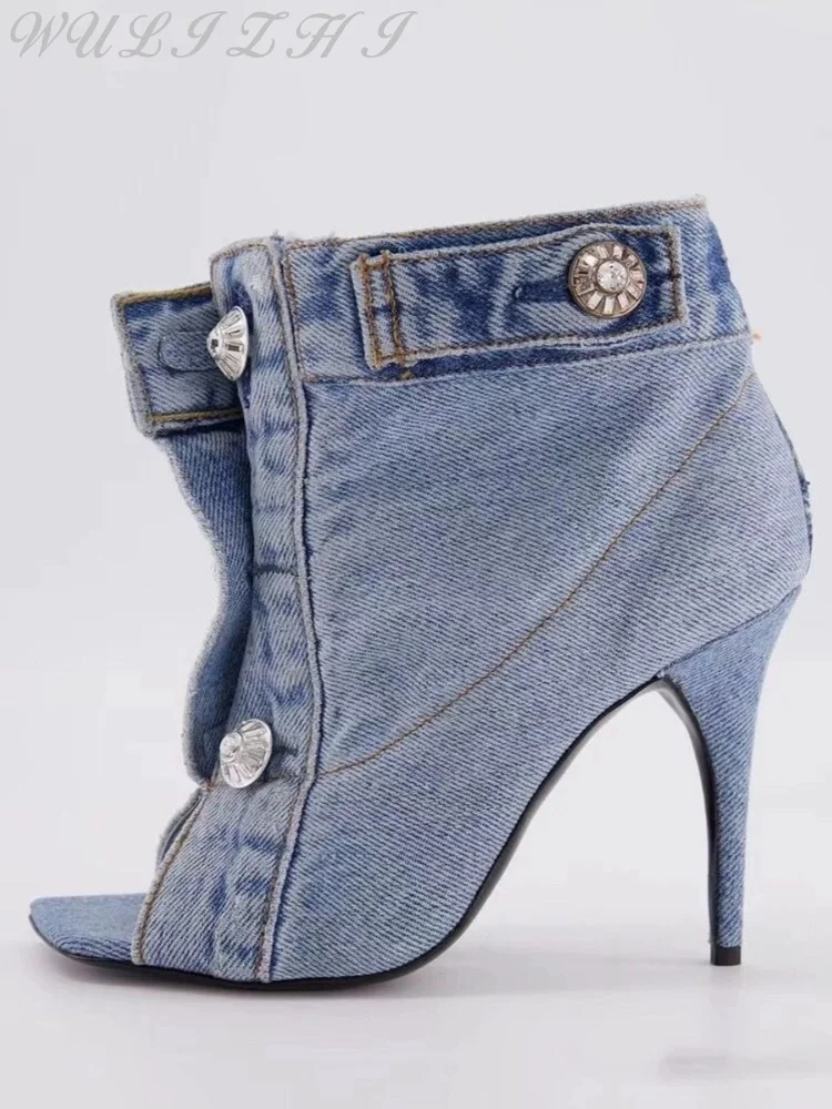 Denim Blue Open Toe Short Boots Large Size Women Ankle Boots Summer Rivet Button Belt Buckle Stiletto High Heel Lady Pumps