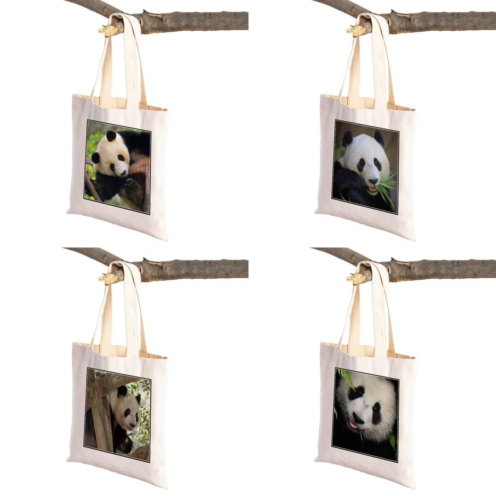 ​China Panda Lady Travel Shopping Bags Wild Animal Canvas Tote Handbag for Women Girl Foldable Reusable Supermarket Shopper Bag