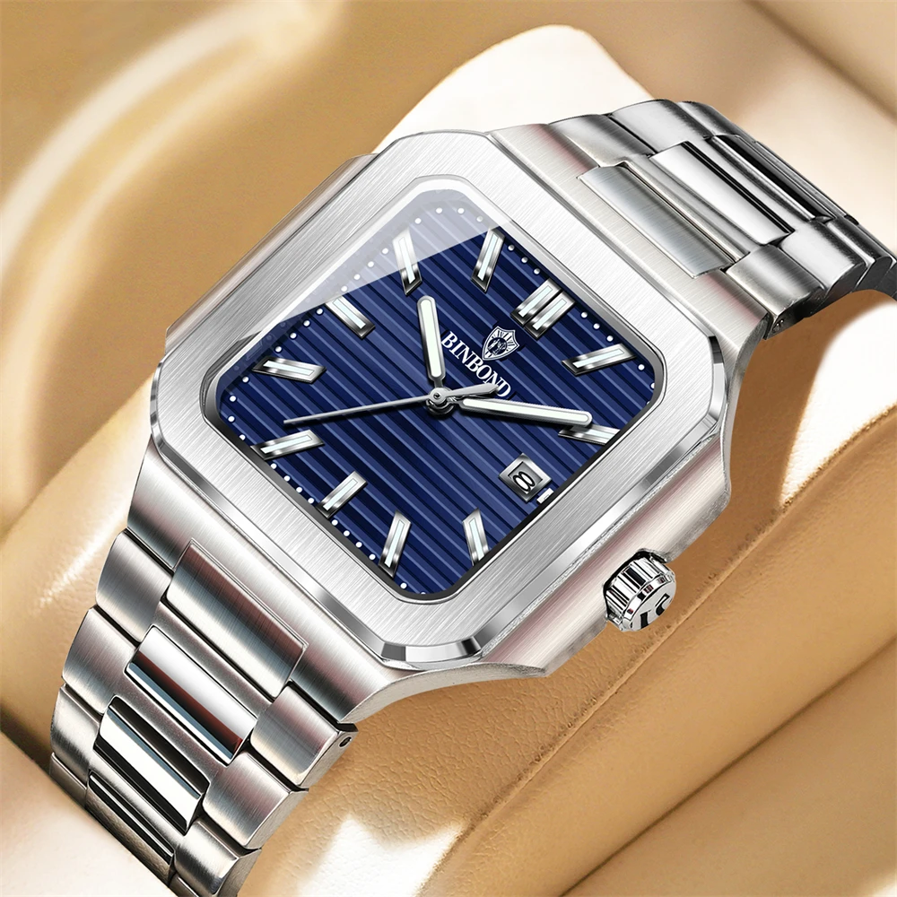 

BINBONG Square Fashion Man Wristwatch Waterproof Luminous Date Week Quartz Men's Watches Stainless Steel Luxury Men Watch Reloj
