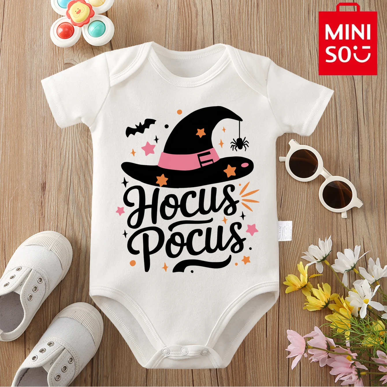 

MINISO Happy Halloween боди из 100% хлопка с милым принтом летучей мыши, мягкие ткани для ребенка, комбинезон для новорожденных от 0 до 12 месяцев