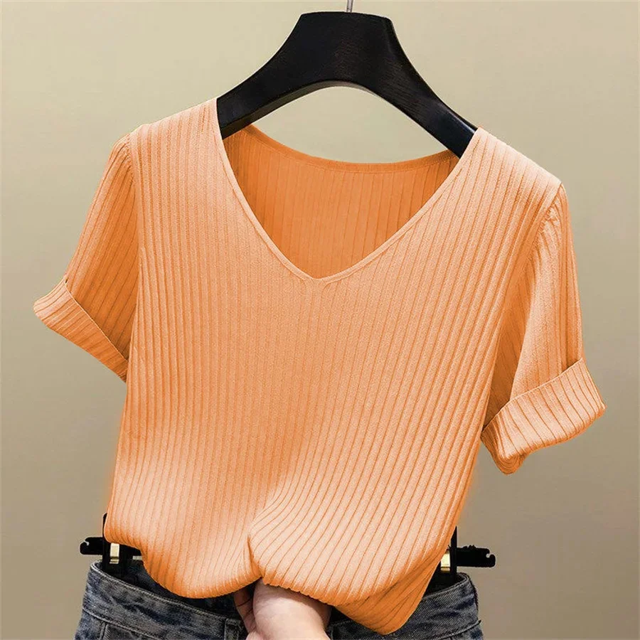 Blouse Women Blusas Mujer De Moda Verano Short Sleeve Blouse V-Neck Knitted Blouse Shirt Tops Women Blusas