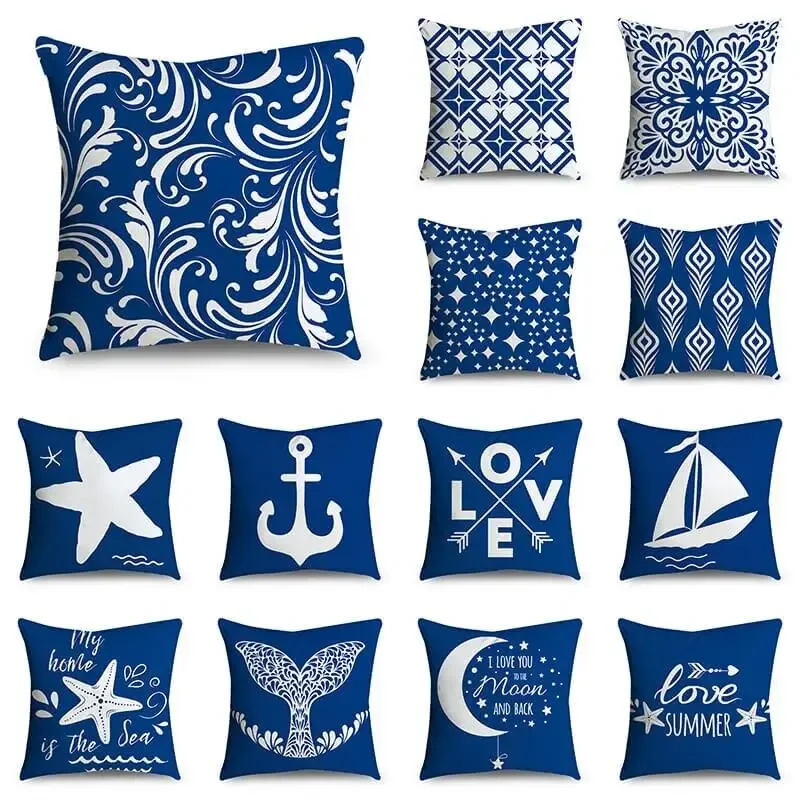 

Blue Series Anchor Rudder Moon Heart Printed Square Sofo Pillowslip Polyester Cushion Cover Peach Skin Pillowcase Home Decor