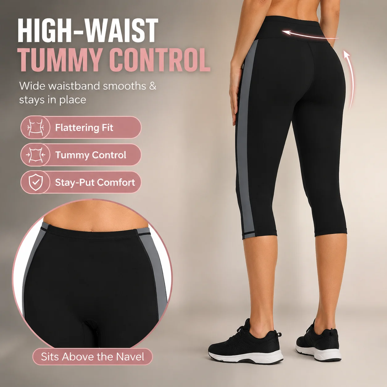 Women 2PCS Yoga Capri Set Side Stripe High Waist 3/4 Slim Fit Tummy Control Workout Running Athletic Sport