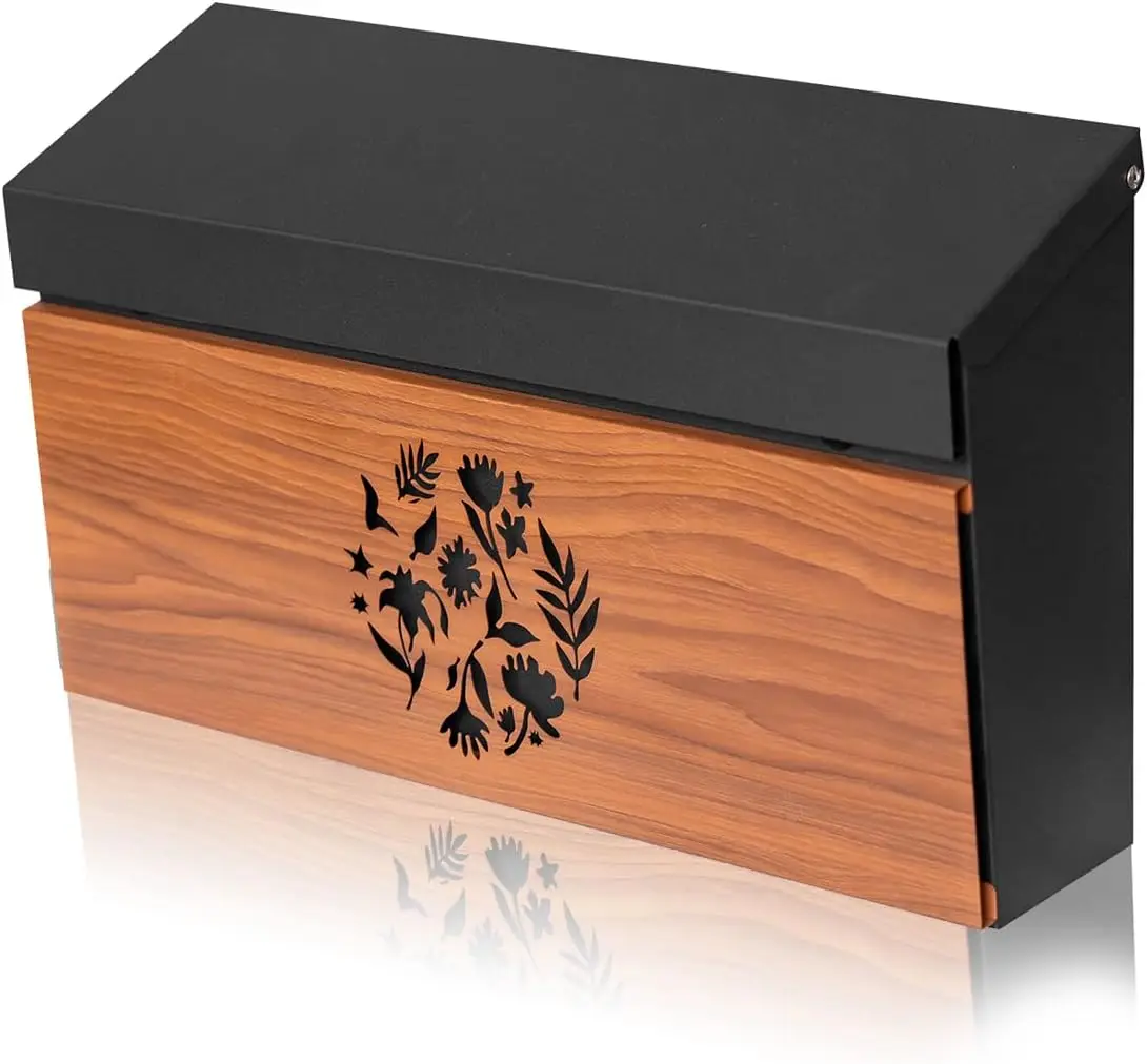 

Large Wall Mount Mailbox, Galvanized Steel Rust-Proof, 15.74"x9.84"x4.33", Flower Hollowed Wooden Pattern