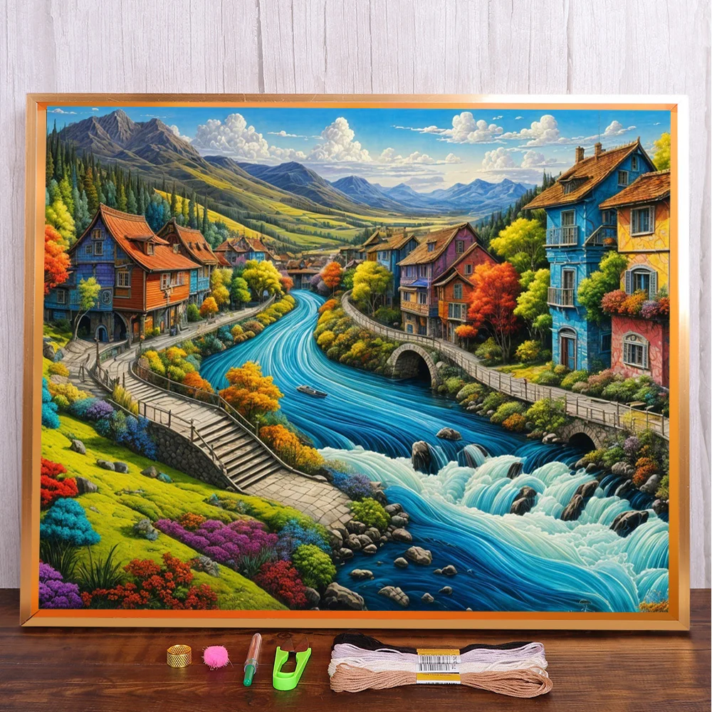 

Landscape Town River Pre-Printed Cross-Stitch Kit DIY Embroidery Needlework Handicraft Sewing Handmade Stamped Wholesale Sales