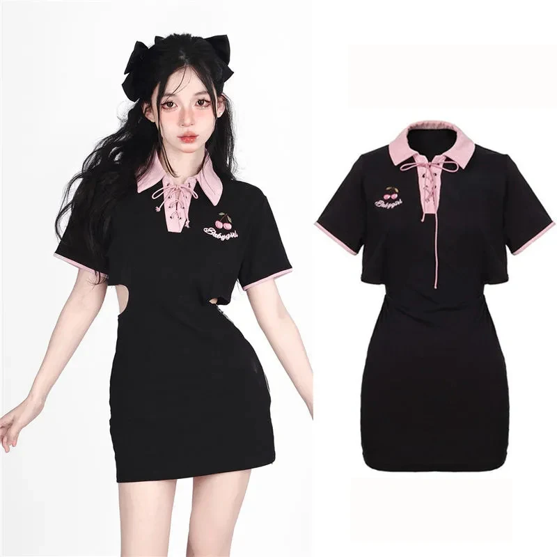 Korean Dresses Women Streetwear Clothes Hollow Waist Strap Cherry Embroidery Polo Short Sleeved Bag Hip Black Summer Dress Women