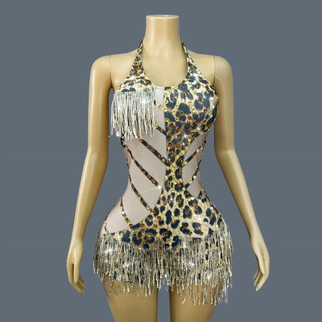 

Halter Spandex Elastic Tassel Catsuit Leopard Print Tight Fitting Leotard Festival Celebrate Stage Performance Bodysuit Liusubao