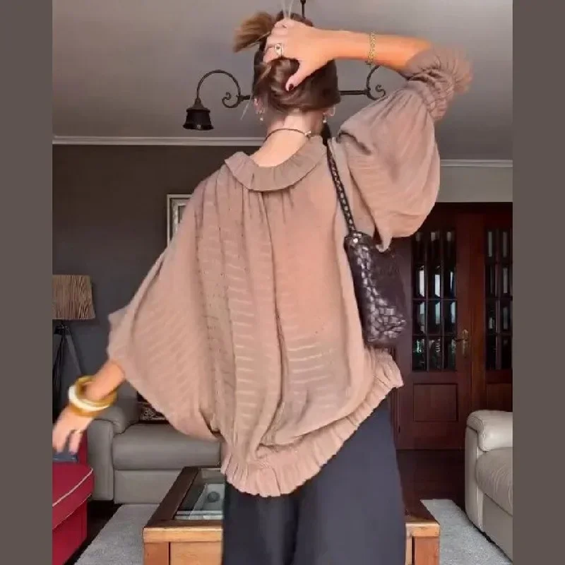 New Fashion Brown V‑Neck Flowy Blouse Women Tie Front Ruffle Long Sleeve Casual Party Shirt 2026 Spring Autumn Trendy Streetwear 5