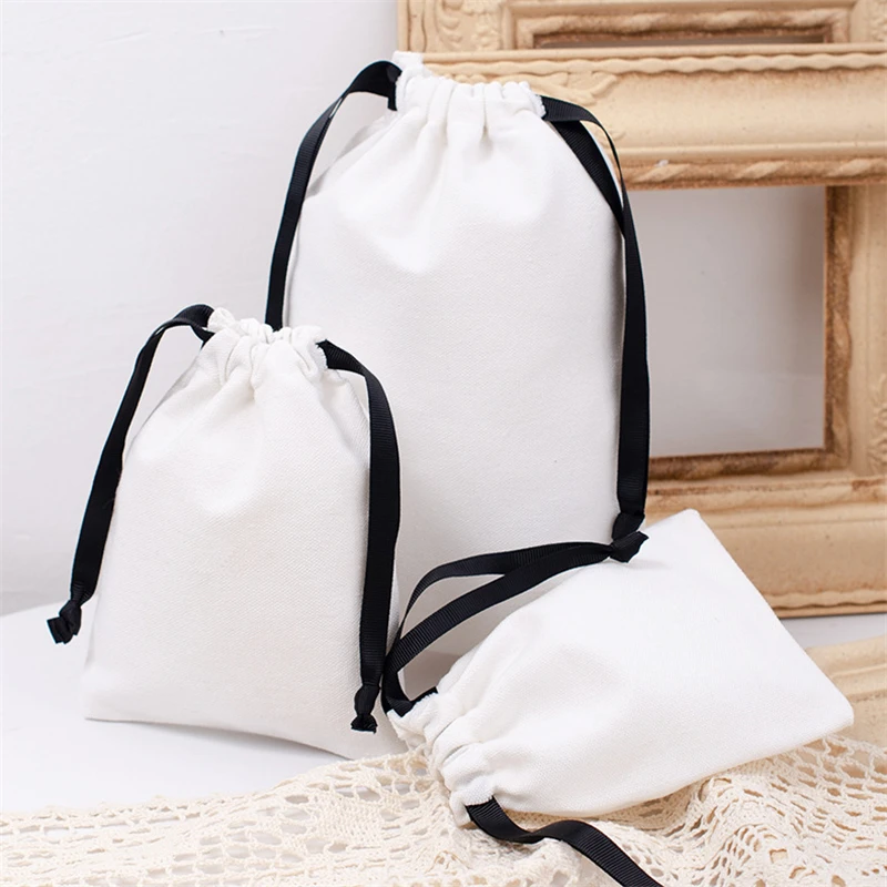 Bolsa de lona blanca con cordón para regalo de Navidad, paquete de dulces de boda, almacenamiento a prueba de polvo, bolsa de tela de algodón, accesorios de bolso