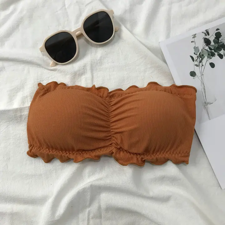 Reggiseno avvolgente con una parola in cotone filettato estivo con cuscinetti per reggiseno Intimo raccolto Reggiseno senza spalline da donna antiscivolo