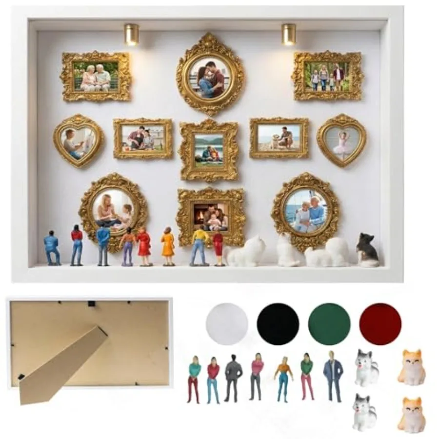 All-in-One DIY Shadow Box KitMini Gold Frames with Museum of Figurines LED-Illuminated Silhouette Box Memory Collage Anniversar