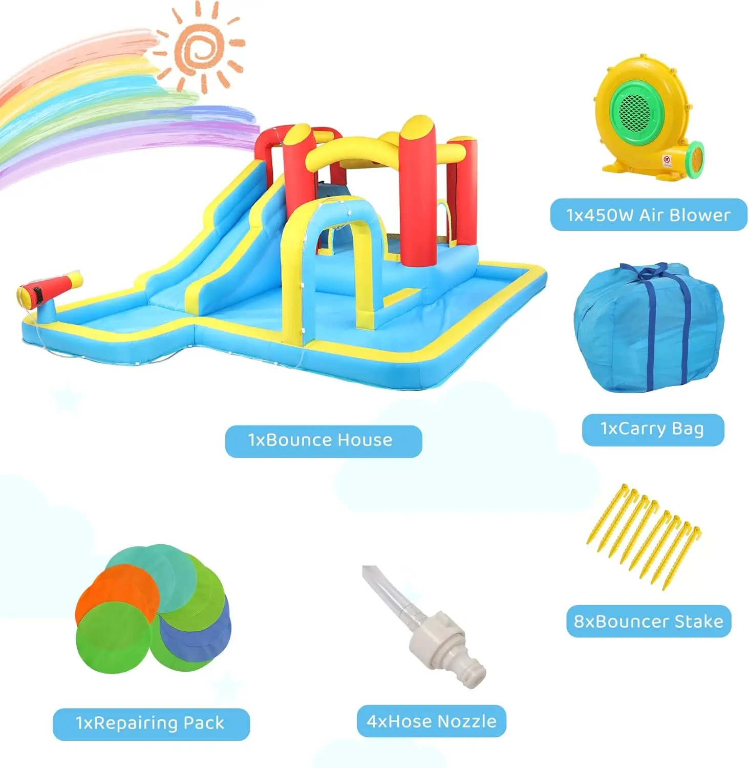 Opblaasbare Waterglijbaan, Buiten Opblaasbaar Bounce Huis W/Luchtblazer, Zwembad, Klimmuur & Waterpistool, Springkussen Voor Kinderen