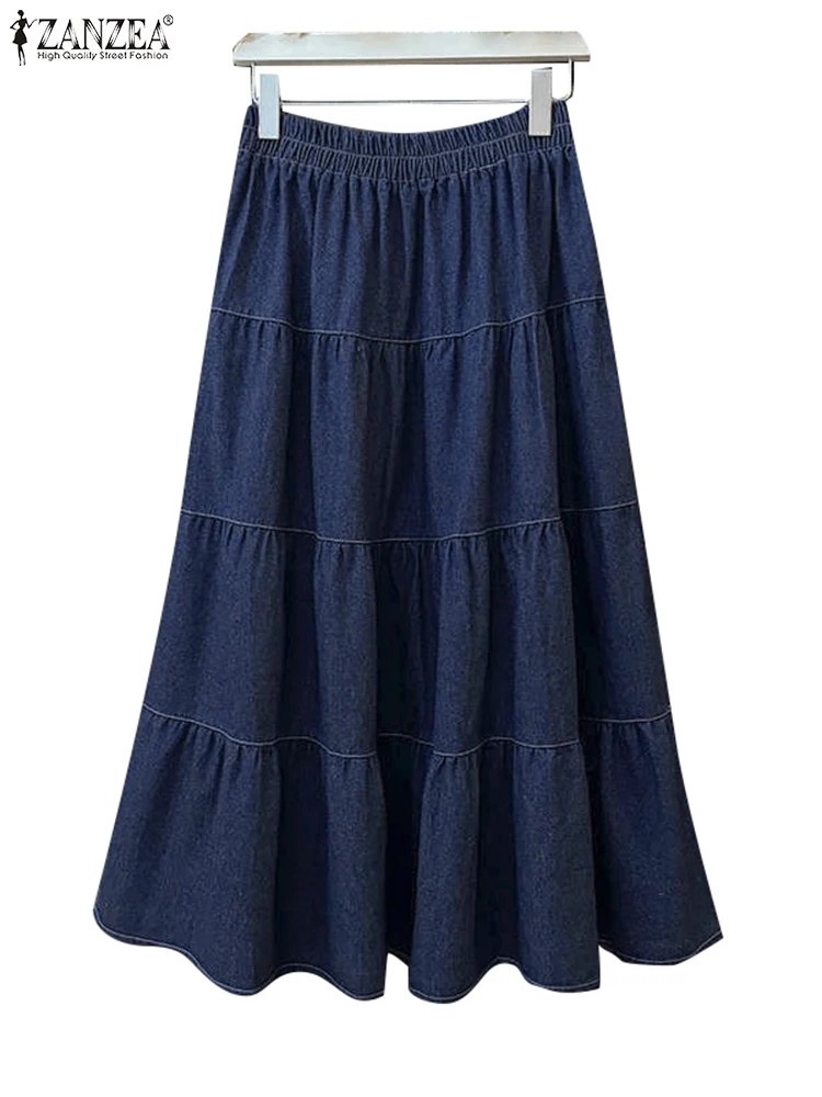 ZANZEA Vintage Women Skirts Autumn Spring Pleated Long Overskirts OL Work Solid Denim Style Skirt Ruffles Hem A-line Faldas Saia