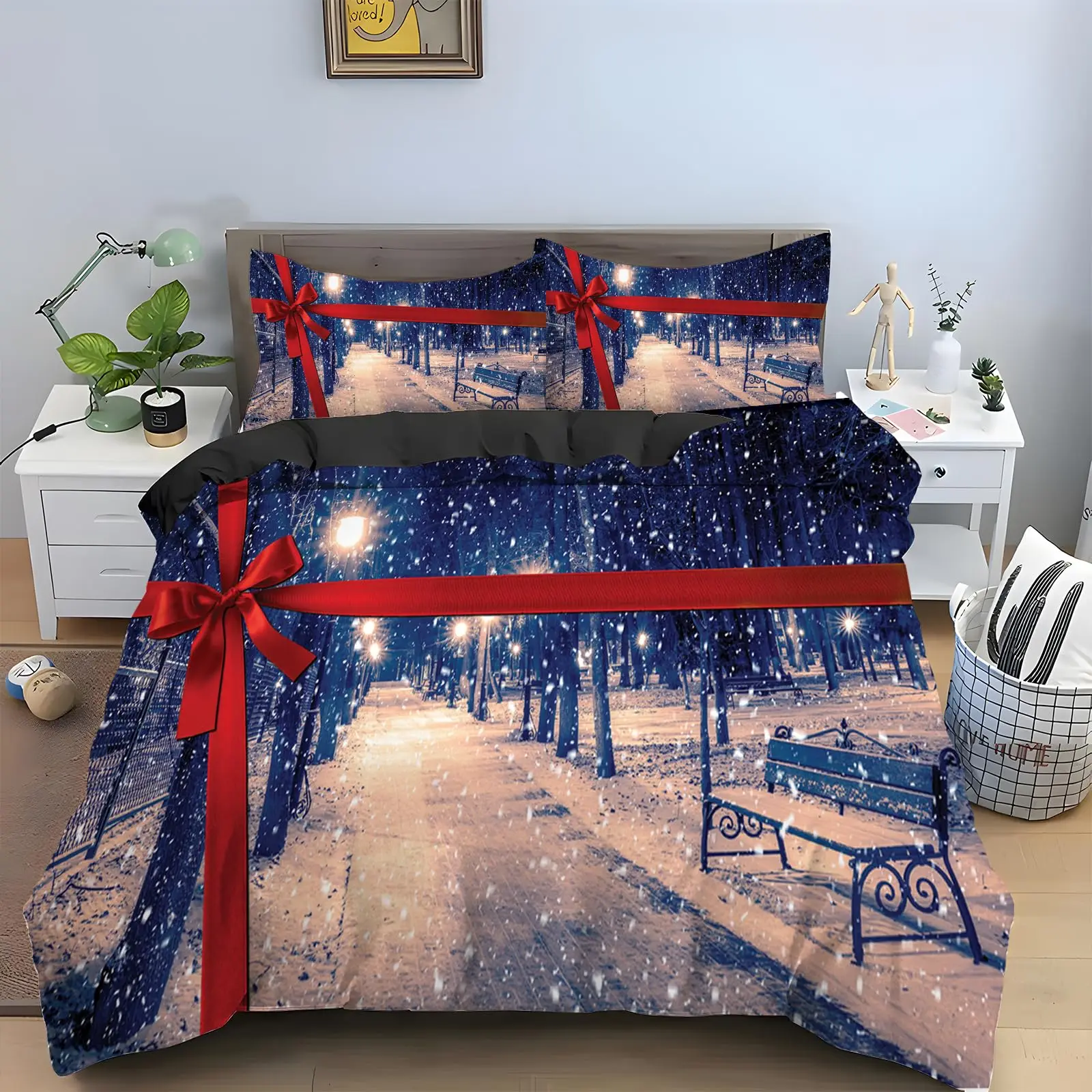 Snow Christmas Duvet Cover Set, Decorative 3 Piece Bedding Set With 2 Pillow Shams, Single King Queen Twin Size Bed Collection