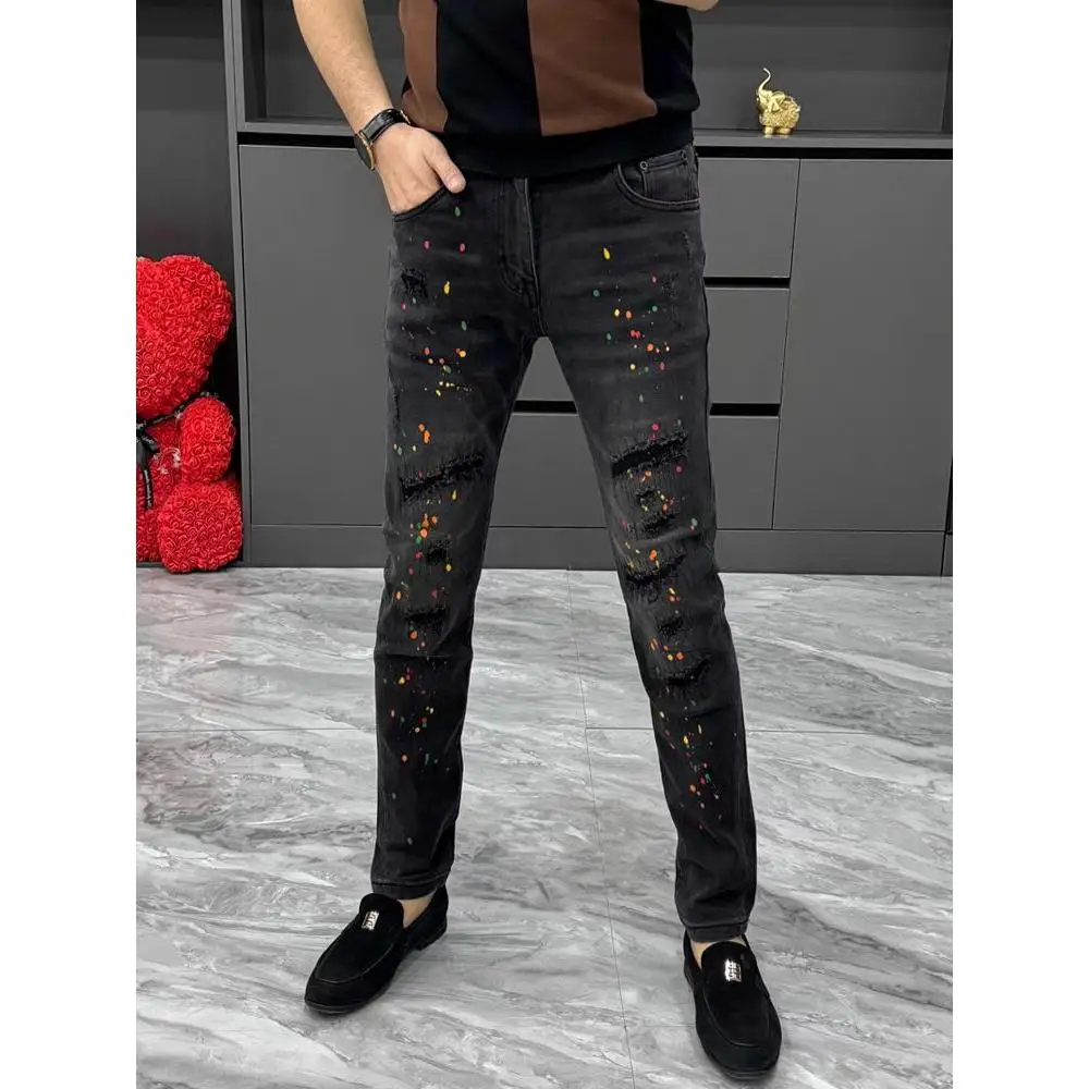 

Black Distressed Denim Jeans Men's Autumn Winter Slim Fit Casual Long Pants Elastic Waist Patch Work Youthful Style Straight Leg