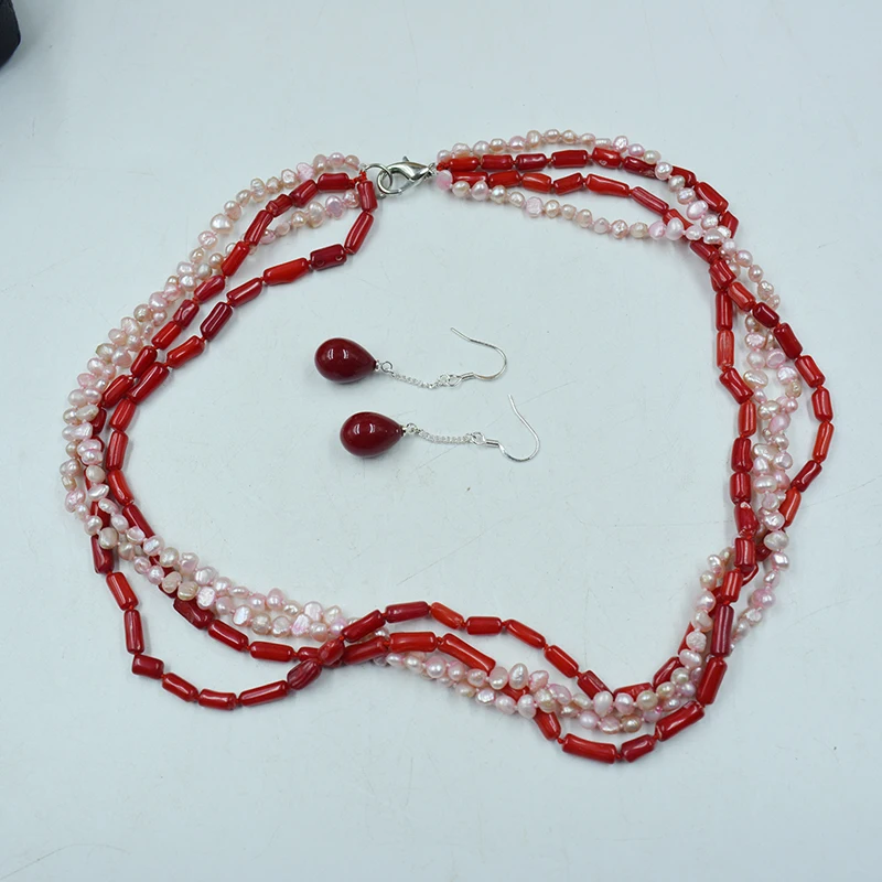4-strand natural red coral pink Baroque pearl necklace/earring set 18”