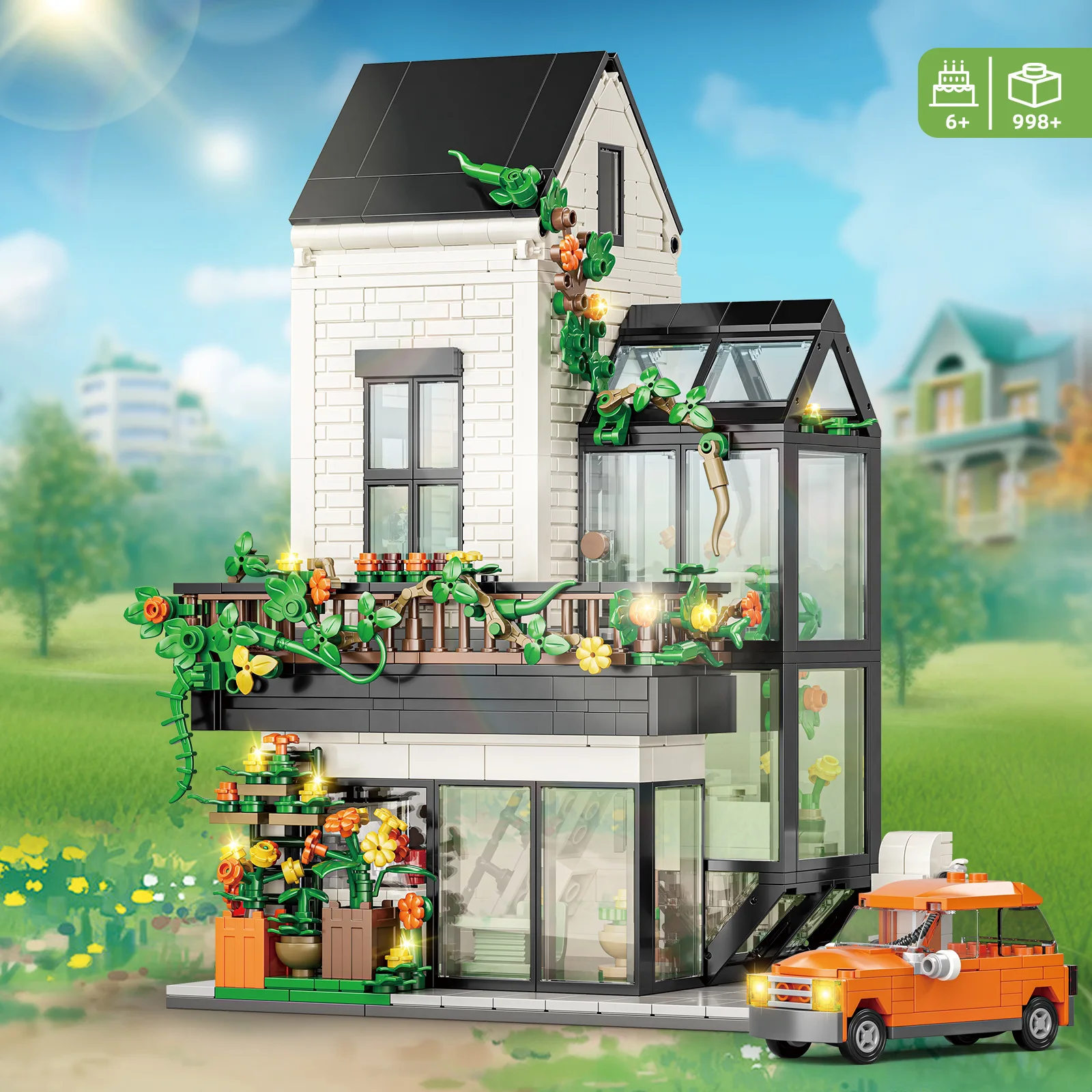Compatibele Lego-bouwstenenset Tuinvilla Dorp Bloemen Zonneschijn Kas Auto's Minispeelgoed Geschenken Kinderen Volwassen Jongens Meisjes