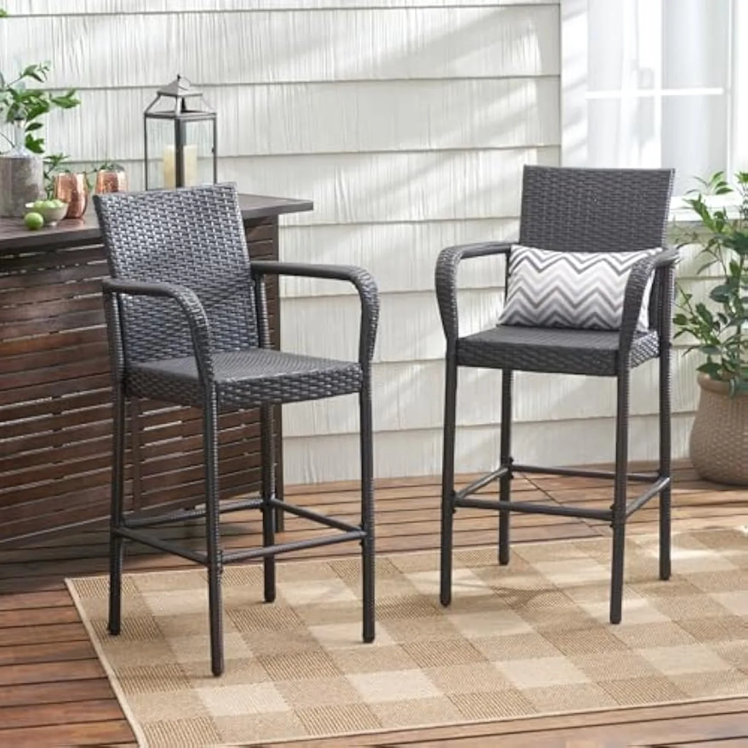 

Outdoor Bar Stools Set of 2, Patio Bar Stool Wicker Barstool with Footrest and Armrest High Back Outdoor Bar Stools All Weather