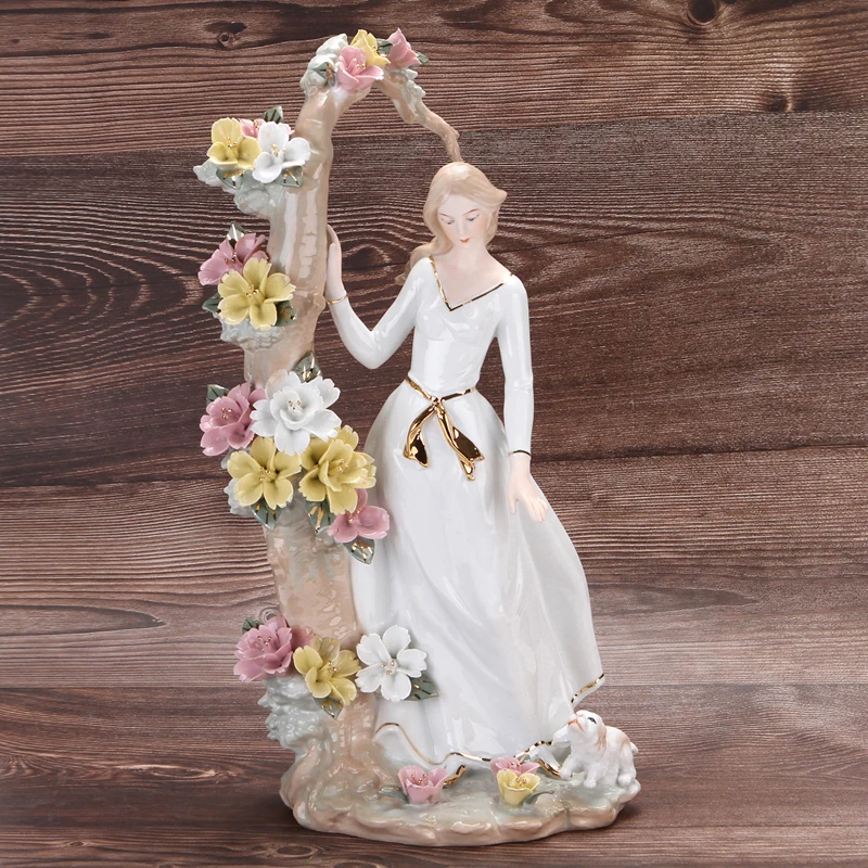 Retro Porcelain Puppy Walking Girl Figurine Ceramic Flowers Belle Miniature Home Scenery Figure Decor Art Ornament Gift Craft