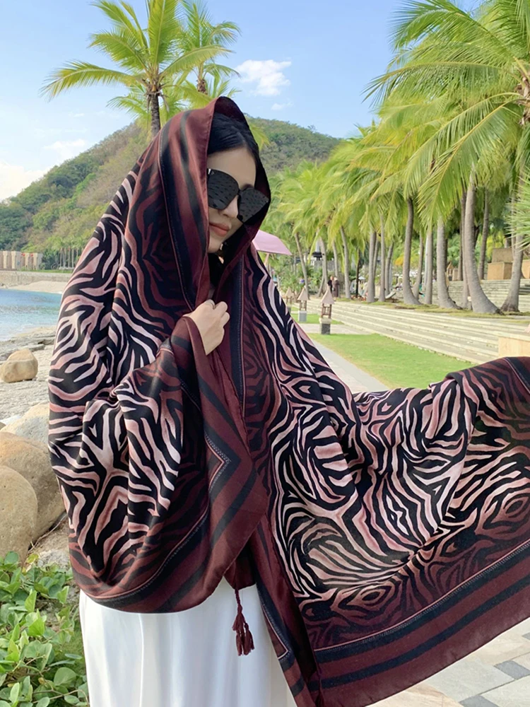 New Summer Women Silk Scarf Beach Wrap Shawl Zebra Stripes Print Sunscreen Bandana Hijab Mujer Bohemian Musulman Scarve Pareo