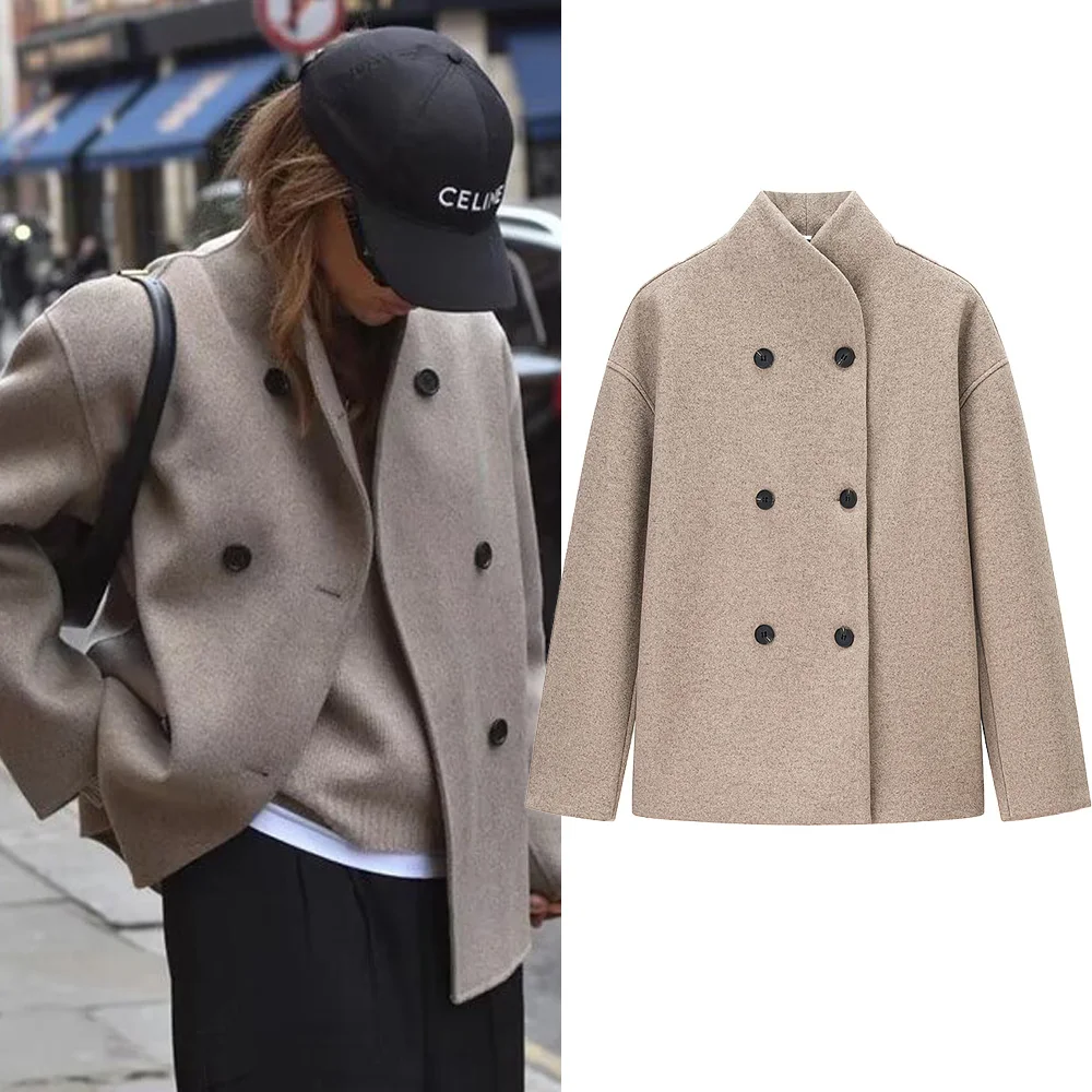 

2025 Autumn Winter Women Woolen Coat New Fashion Women Double Breasted Elegant Long Sleeve Stand Collar Outerwear Chic Outfits