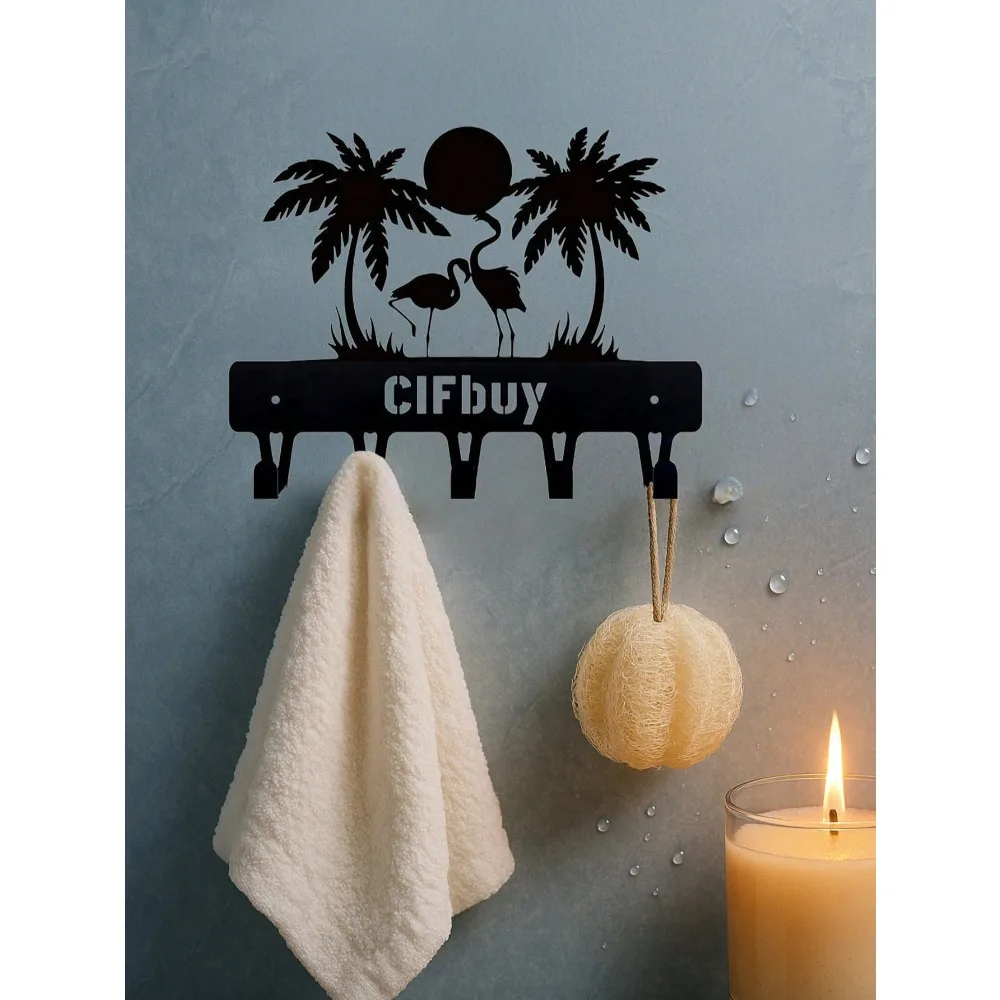 CIFBUY Flamingo Palm Tree Sunset Metal Hook Kitchen Towel Mug Hanger Cafe Decor