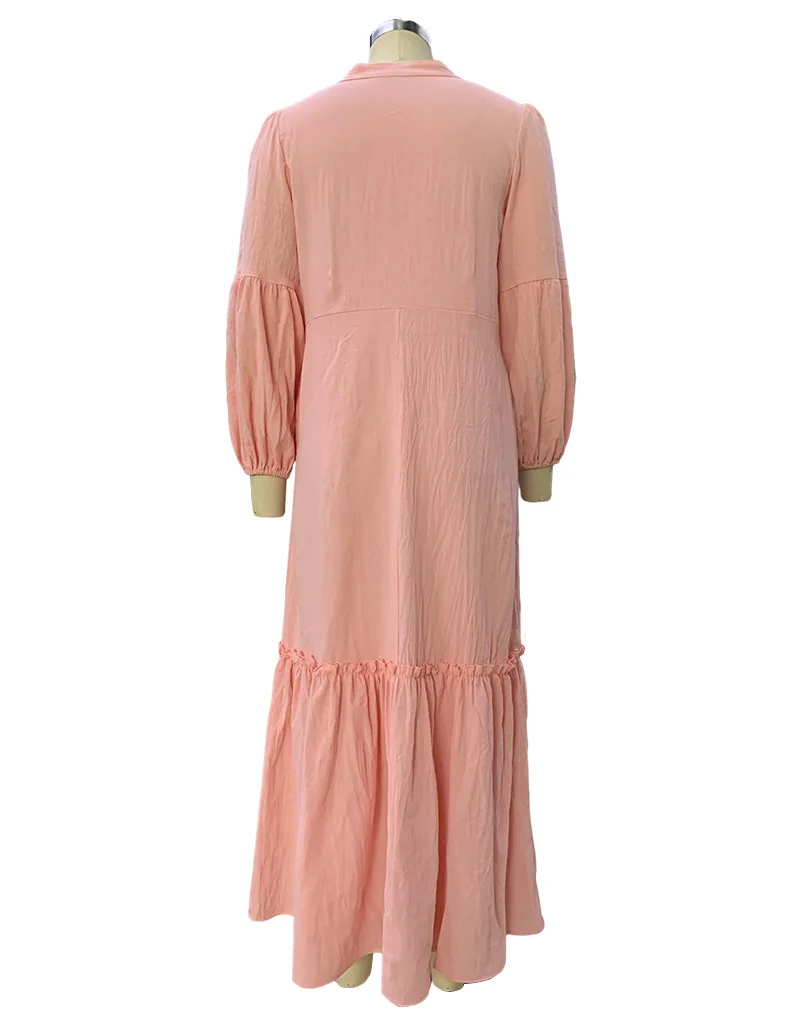 Puff Sleeve Casual Ladies V-Neck Long Linen Dress Fashion Solid Color Loose Autumn A-line Long Sleeve Beach Sundress