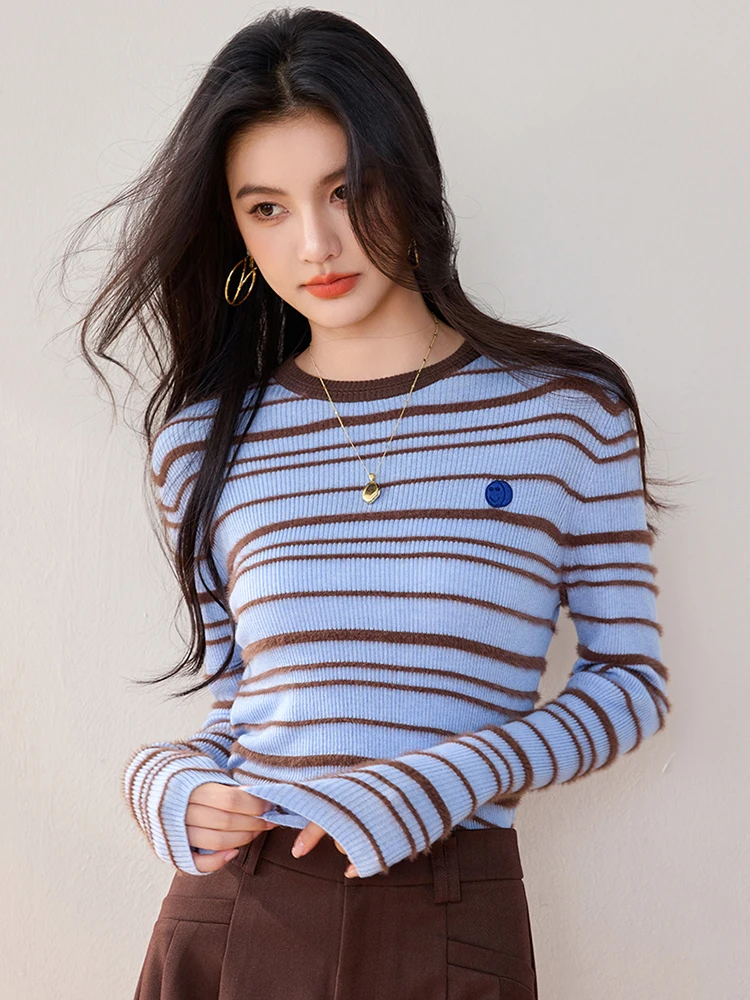 Contrast Striped Long Sleeved Knitted Tops For Women's 2024 Autumn Winter New Vintage Slim Fitting Top Casual Pullover