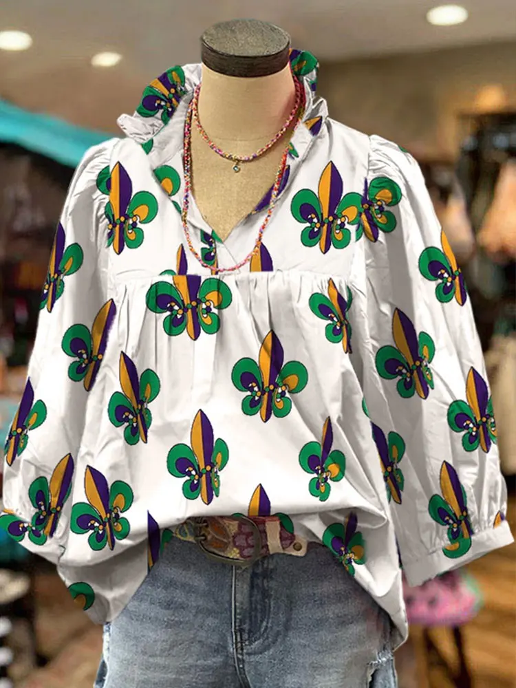 Mardi Gras Printed V-neck Puff Sleeve Top