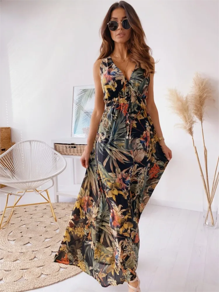 

Women's Summer New Fashionable Printed Sexy V-neck Sleeveless Bareback Strap With Waist Drawstring Casual Loose Long Dress