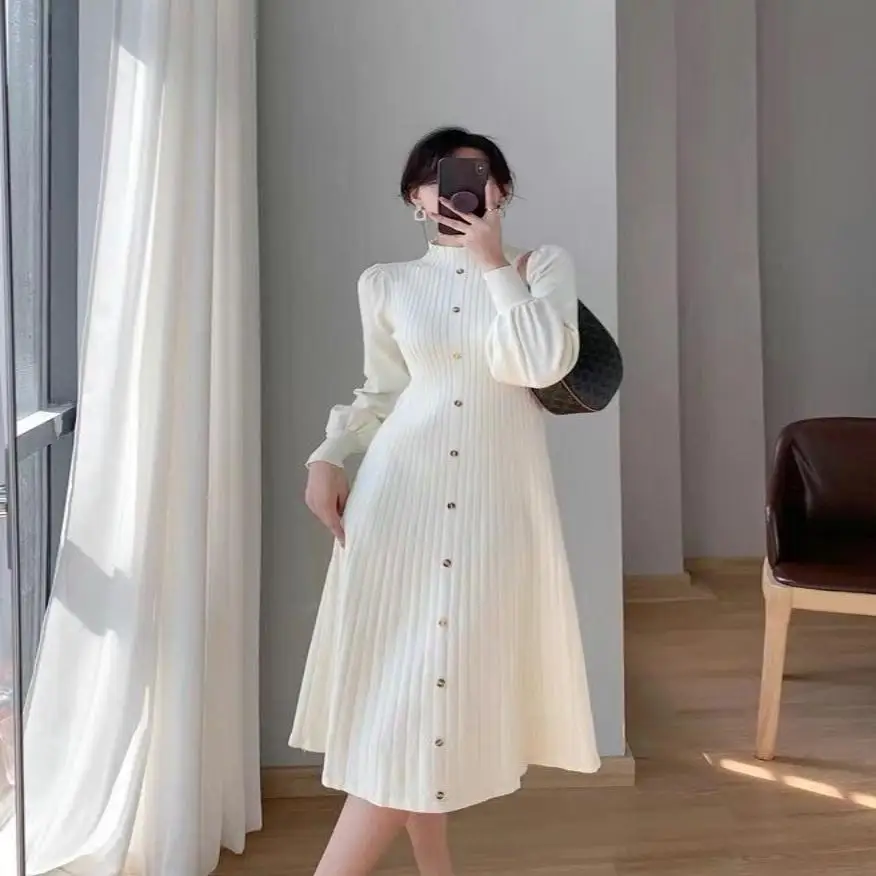 

Elegant Knitted Sweater Dress Mid-Length Long Sleeve Half High Collar Autumn Winter New Style Women's Fashion plus Size Skirt