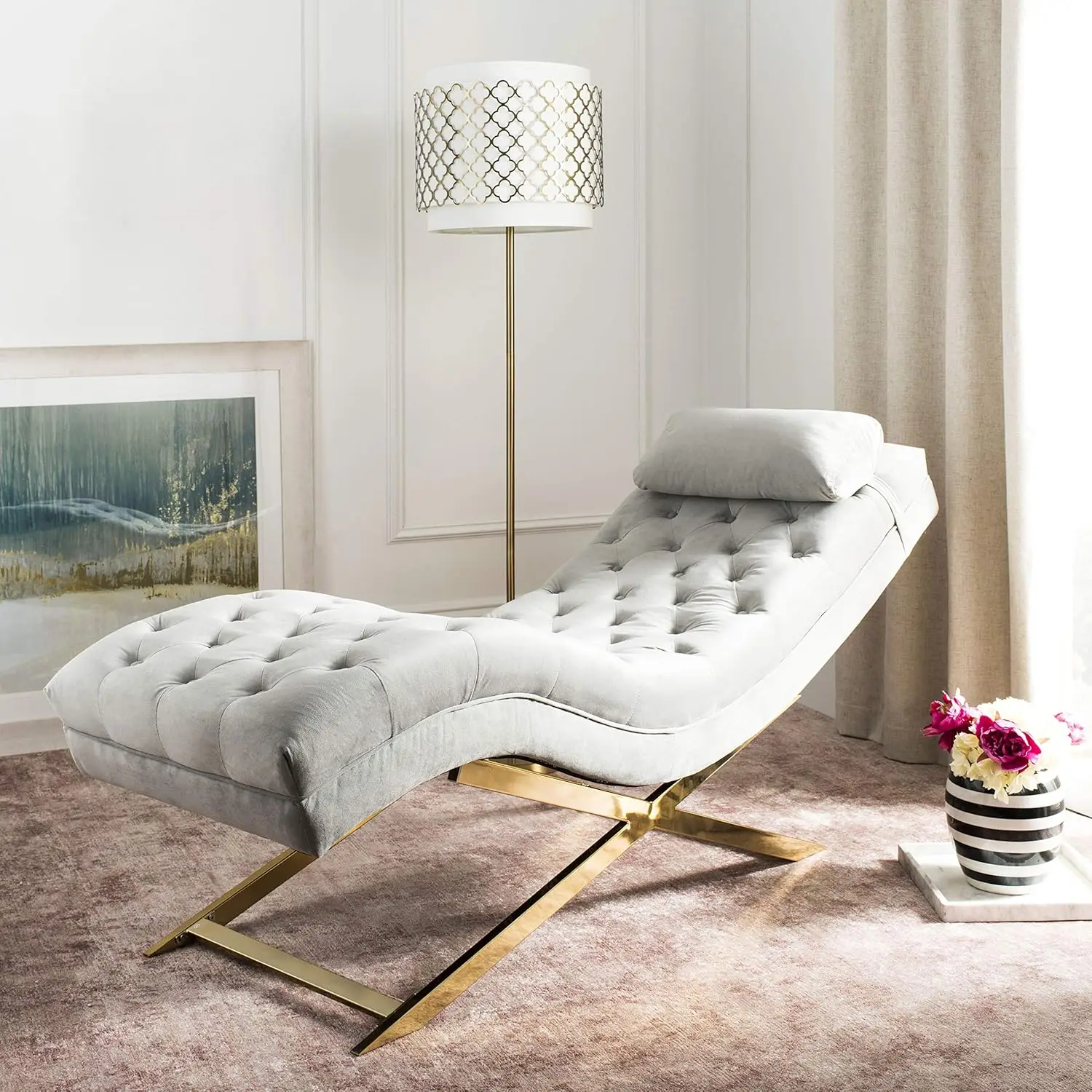 Home Monroe Glam Grey Velvet and Brass Chaise Lounge Chair