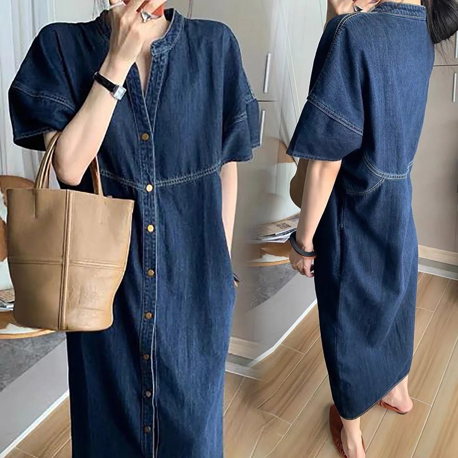 

Women's Chic Korean Style Denim Long Dress Summer New Loose Single Breasted Short Sleeve Party Dress Female Casual Dresses