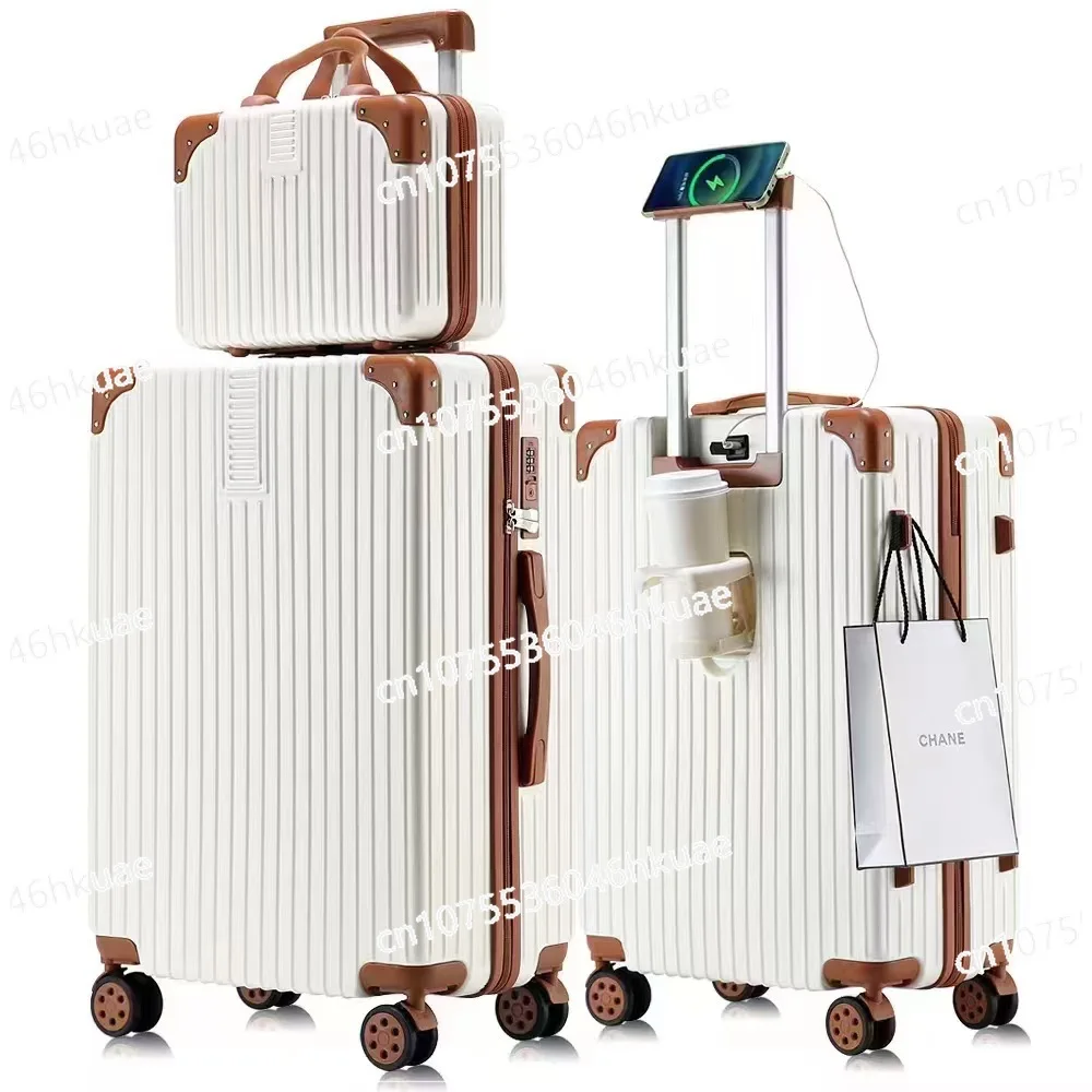 Luggage Trolley Case Universal Wheel Password Case Student Suitcase Retro with Charging Port