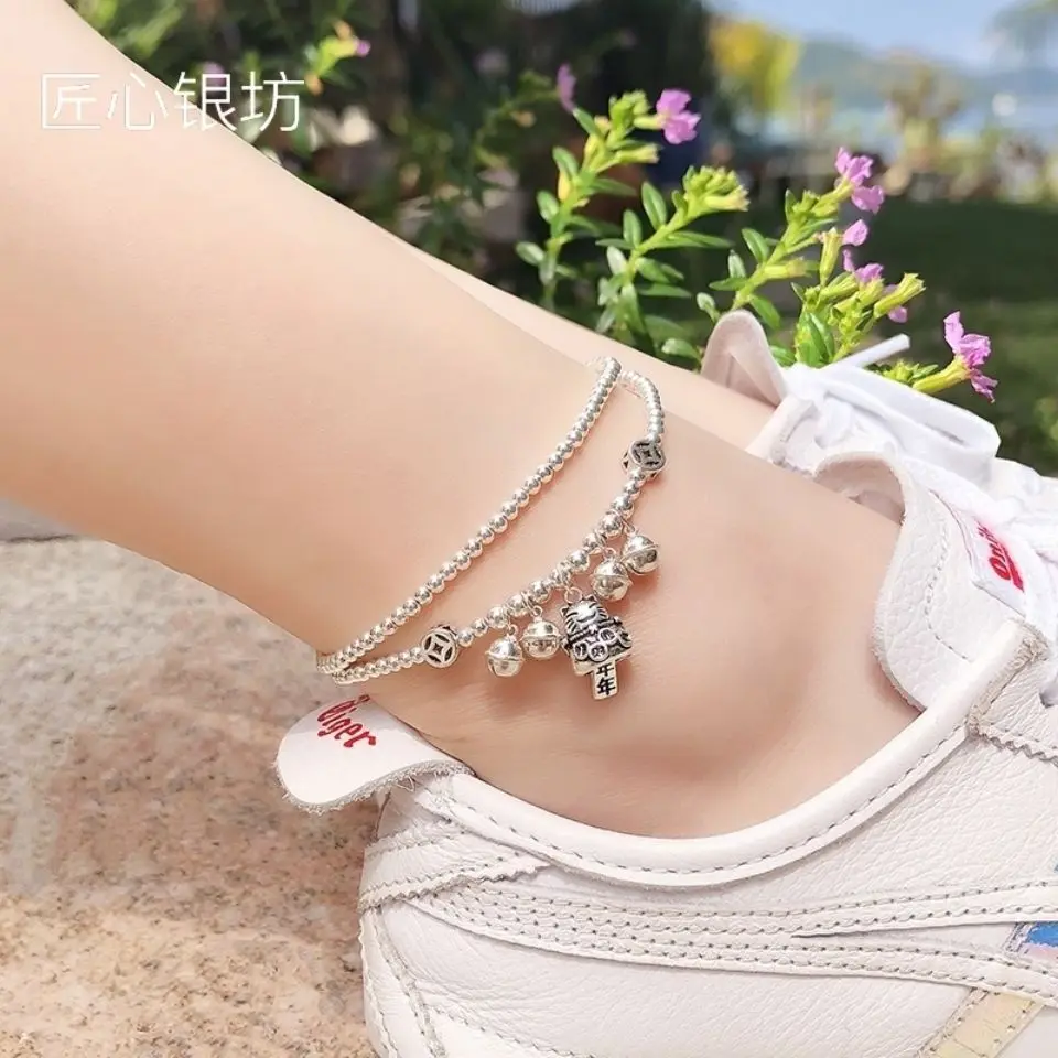 

Оригинальный дизайн, стерлинговое серебро 925 пробы, Maneki Neko Bell, двухслойный браслет на ножной браслет Lucky Fortune, универсальный ювелирный подарок для женщин