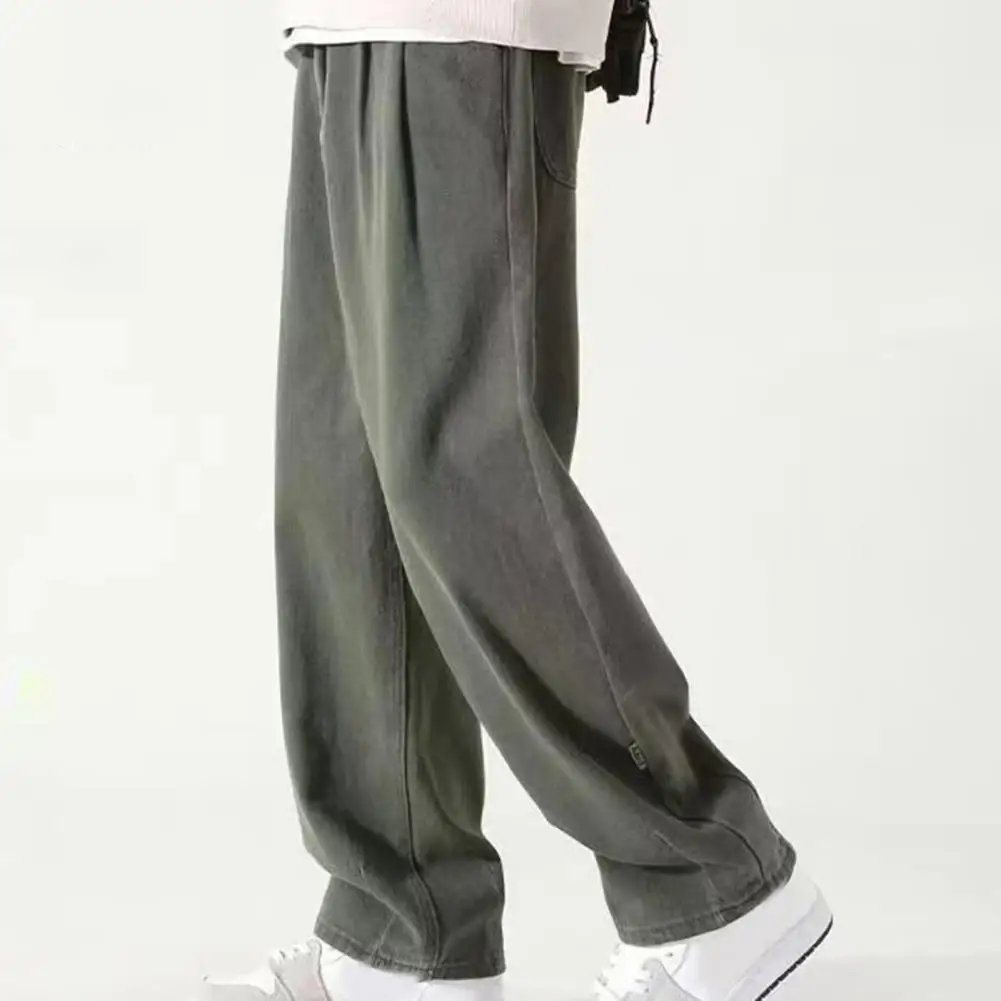 Solid Color Pants Breathable Wide-leg Men's Work Pants Retro Style Versatile Solid Color Trousers Straight Leg Pants