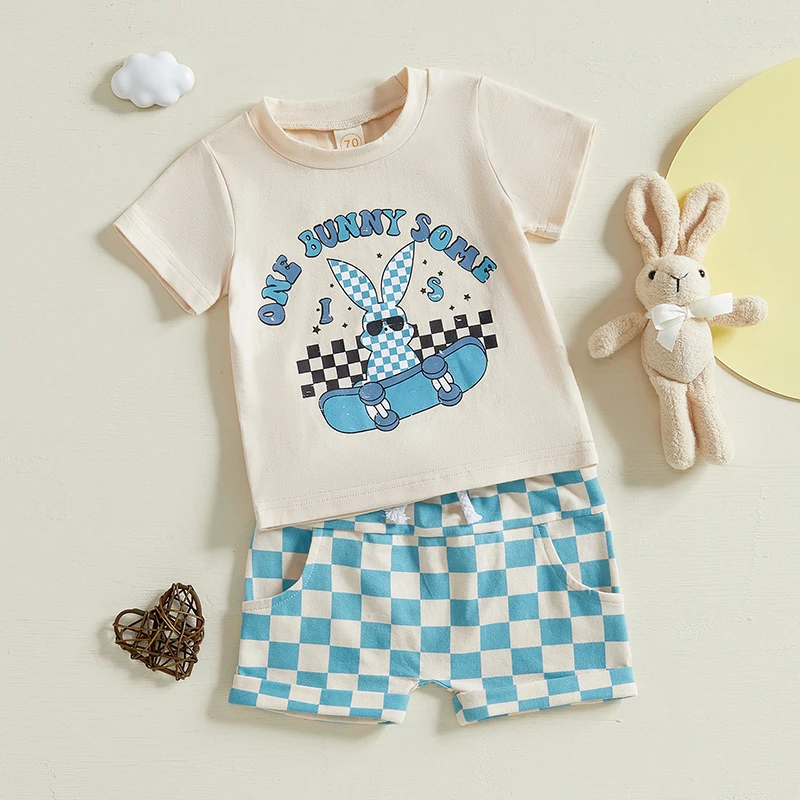 Baby Boys Easter Outfit Short Sleeve Bunny Print Top and Plaid Shorts Set with Matching Bowtie and Suspenders