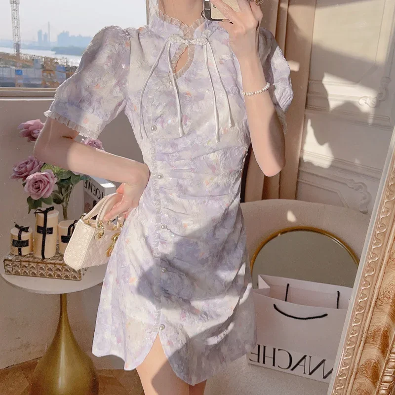 French Court Style Purple Floral Printed Pearl Decoration Puff Sleeve Cheongsam Dress for Women Sweet Evening Dresses Qipao