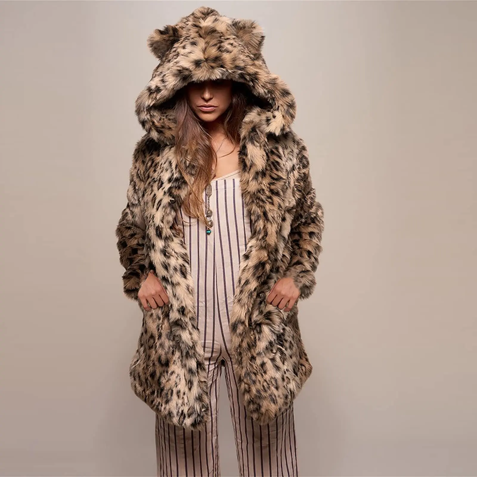 New Leopard Print Hooded Coat Winter Fashion Personality Thick Warm Coat Women\'s Faux Fur Coat