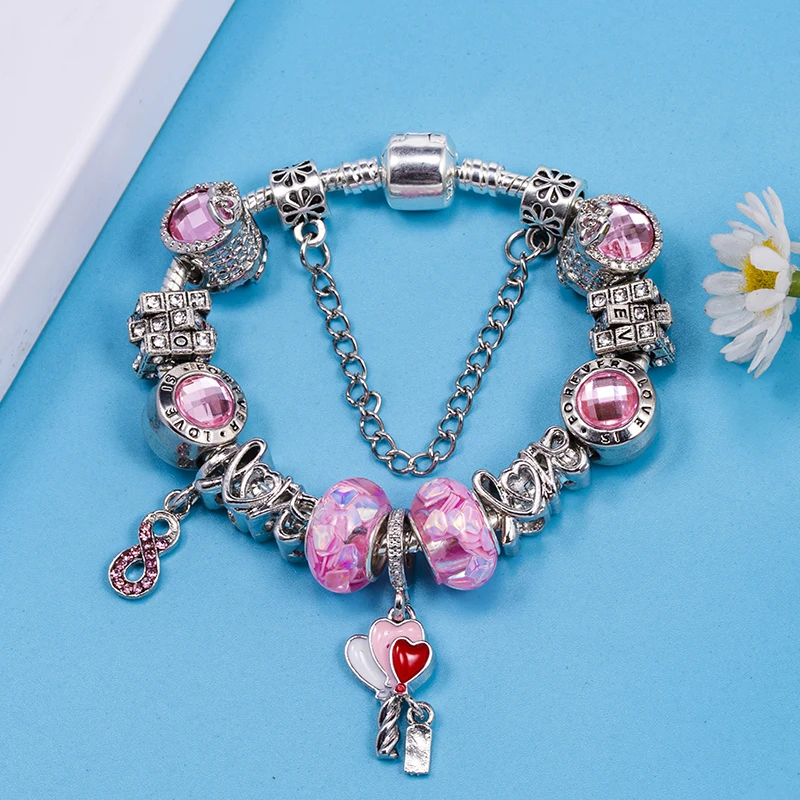 Pink Valentine's Day Fairy Stick Beaded Snake Bone Basic Chain DIY Brand Charm Bracelet Jewelry For Women Making Gift New