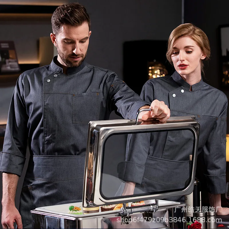 Uniforme da chef da pranzo Autunno e inverno Caffetteria da uomo Ristorante S Abiti da lavoro da cucina Manica lunga Abbigliamento da lavoro per torte da donna