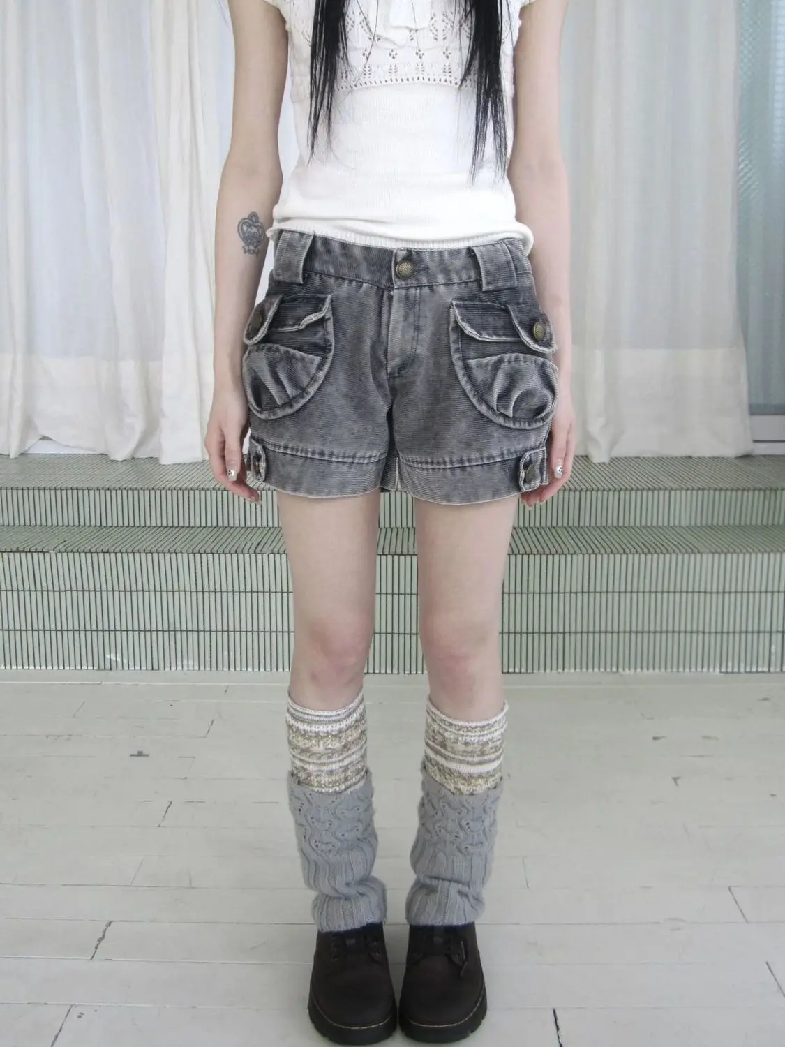 American Retro Washed Big Pocket Denim Shorts Women's Y2k Loose Wide Leg Tooling Hot Pants