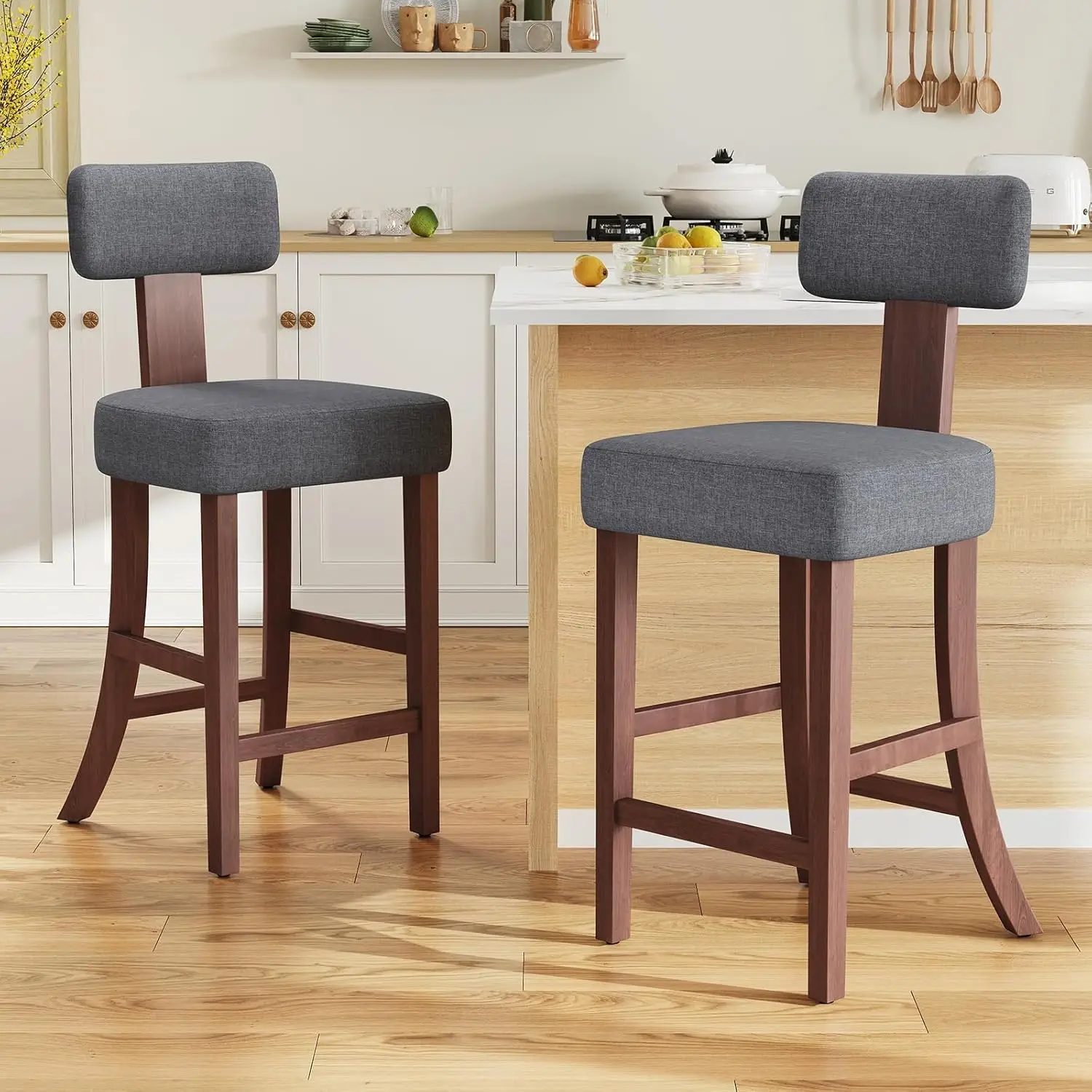 

Mid Century Bar Stools Set of 2, Sherpa Upholstered Island Chairs with Curved Back and Adjustable Feet, Solid Rubber Wood Legs
