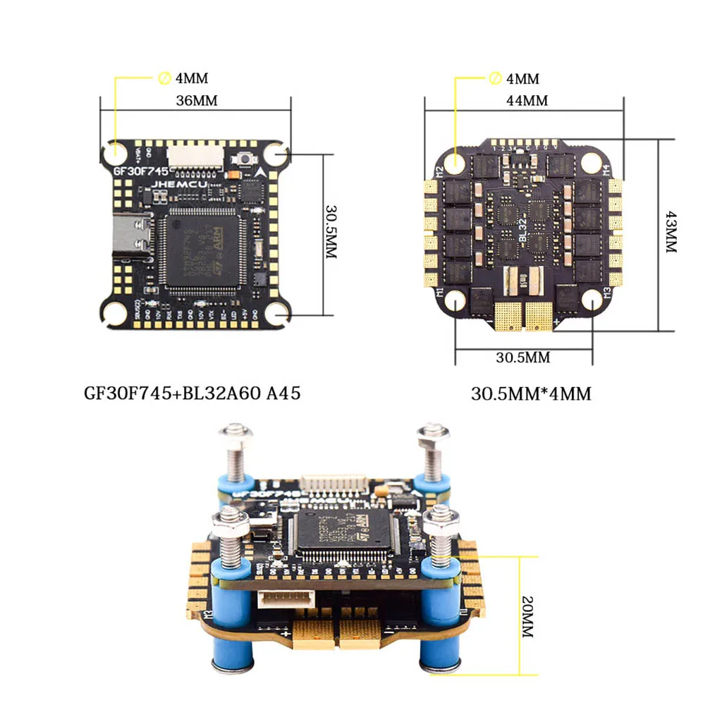 

30X30mm JHEMCU F745 Flight Controller Stack GF30F745-MPU Flight Controller BLHELI_32 45A / 60A 4in1 ESC 3-6S for FPV Quadcopter