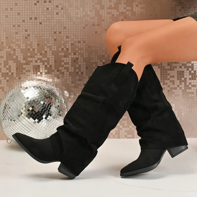 كم أحذية الخريف والشتاء جديد أشار تو الجلد المدبوغ مطوي لينة وحيد المضادة للانزلاق مقاومة للاهتراء أحذية طويلة #2