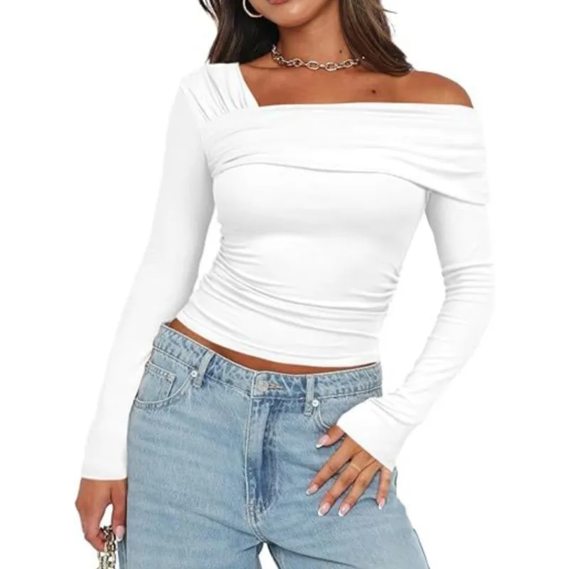 

Women 2024 Off Shoulder Long Sleeve Top Sexy Asymmetrical Crop Top Basic Solid Color Ruched TShirts Outfit Streetwear Daily Suit