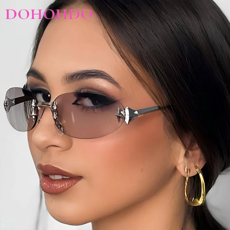 

Fashion Design Star Decorate Oval Rimless Hip-hop Women Sunglass Punk Y2K Men Sunglass Hipster Street Photography Eyewear UV400