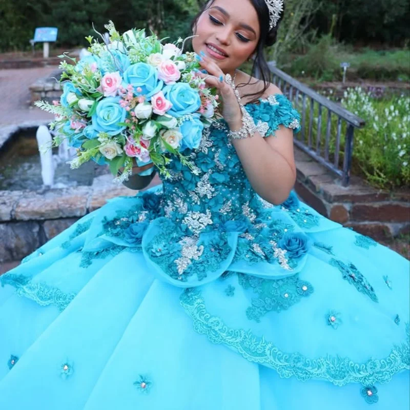 

Blue Quinceanera Dresses Ball Gown Sweet 16 Dress Beads 3D Flowers Appliques Crystals Birthday 15th Party Gown Customize