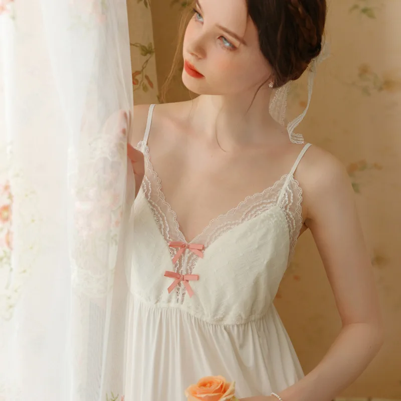 FZSLCYIYI Vintage V Neck Night Dress Summer Women Cotton Sleeveless Nightdress Fairy Nightgown Princess Sleepwear Nightwear